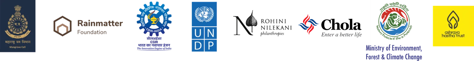Logos of the supporting organisations, including Rainmatter Foundation, UNDP, Rohini Nilekani Philanthropies, Chola and the Ministry of Environment, Forest & Climate Change